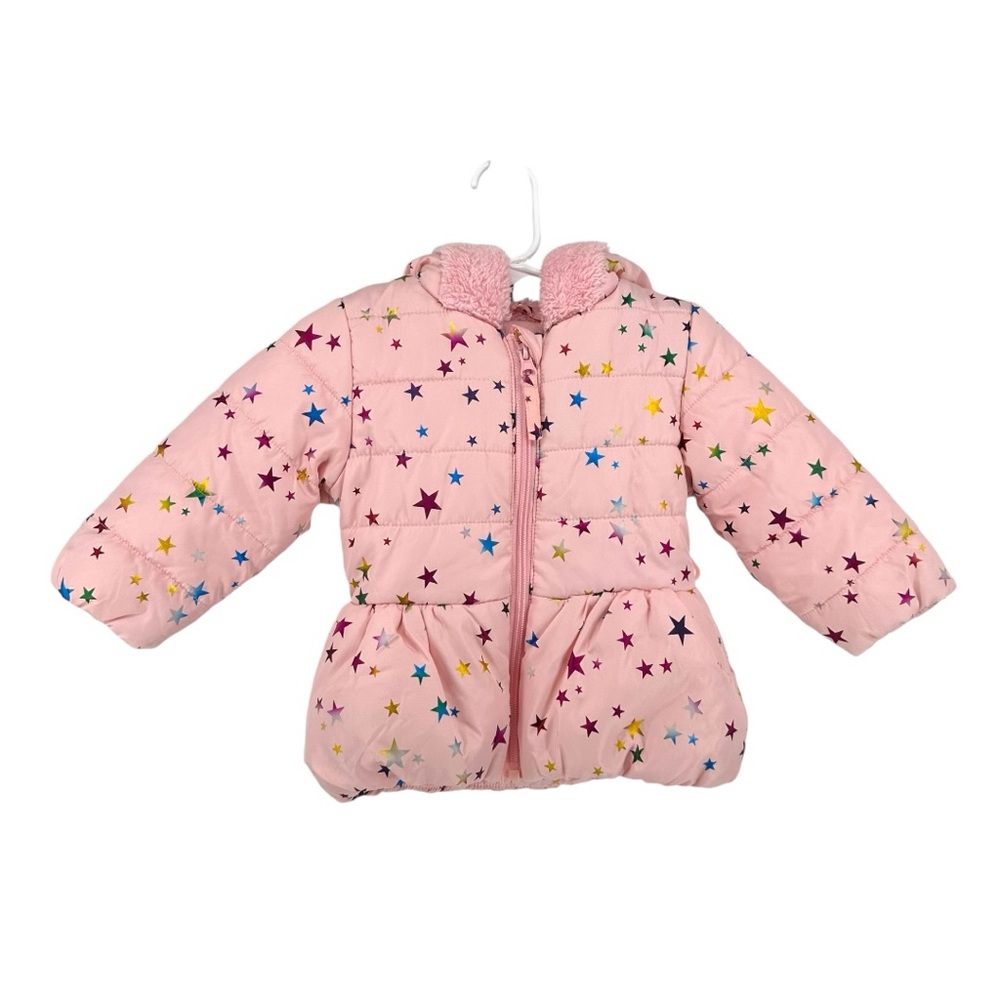 Rothschild Pink Metallic Star Print Hooded Puffer Jacket size 12 Months Girl